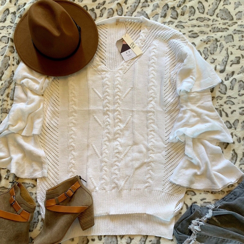 Ruffle Sleeve White Cable Knit Boutique Sweater - Picture 3 of 6